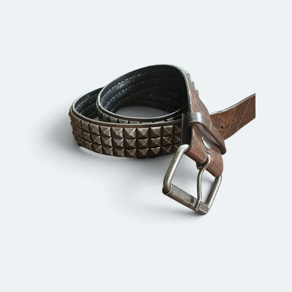 Distressed Brown Faux Leather 3-Row Silver Pyramid Studded Punk Belt